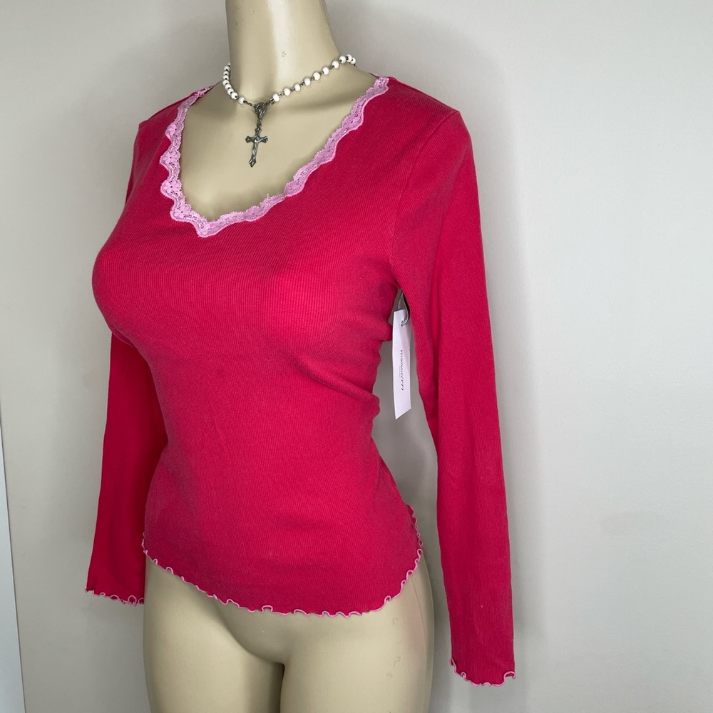 HUE Dreamy red wash Pink Lace Trim Ribbed baby tee Top long sleeve L - Picture 6 of 9
